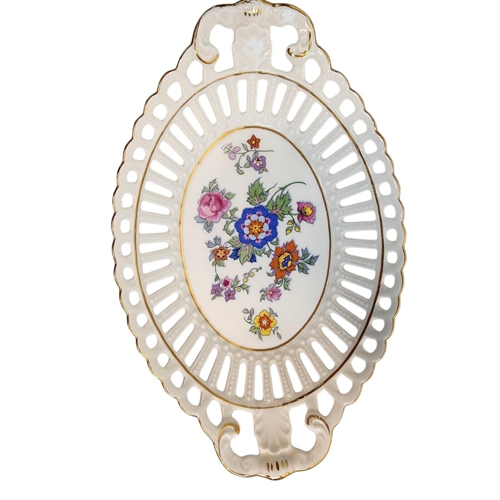 Schumann Arzberg Germany Reticulated Porcelain Floral Basket Gold Trim Oval Bowl